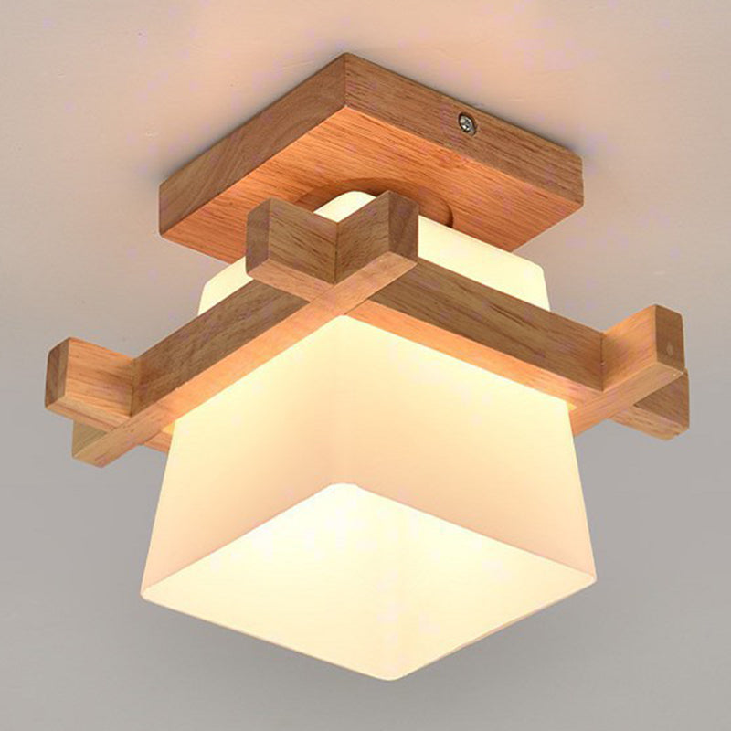 Beige 1 Light Ceiling Lighting Natural Wood Rectangle Semi Flush Mount Lighting for Home Office