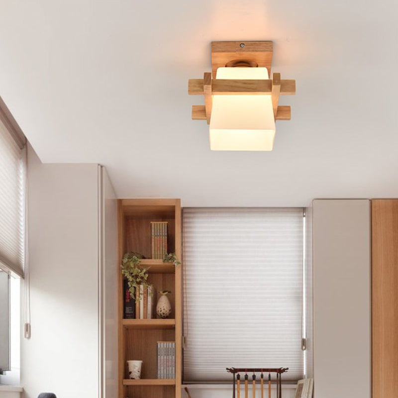 Beige 1 Light Ceiling Lighting Natural Wood Rectangle Semi Flush Mount Lighting for Home Office