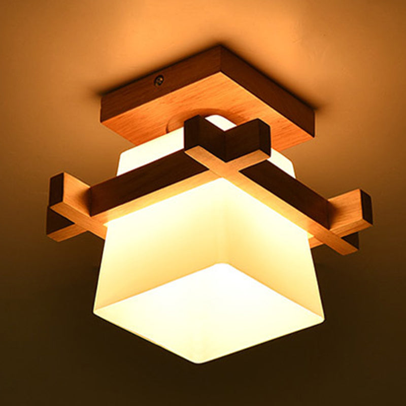 Beige 1 Light Ceiling Lighting Natural Wood Rectangle Semi Flush Mount Lighting for Home Office