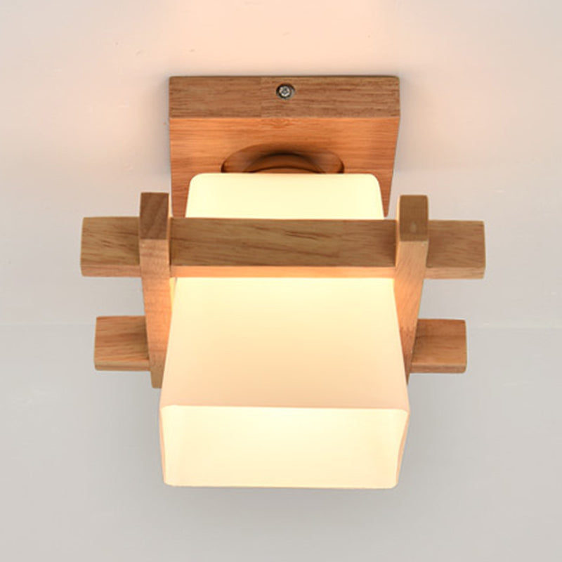 Beige 1 Light Ceiling Lighting Natural Wood Rectangle Semi Flush Mount Lighting for Home Office