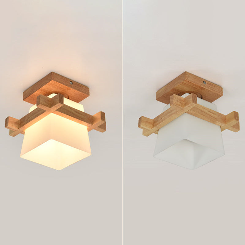 Beige 1 Light Ceiling Lighting Natural Wood Rectangle Semi Flush Mount Lighting for Home Office