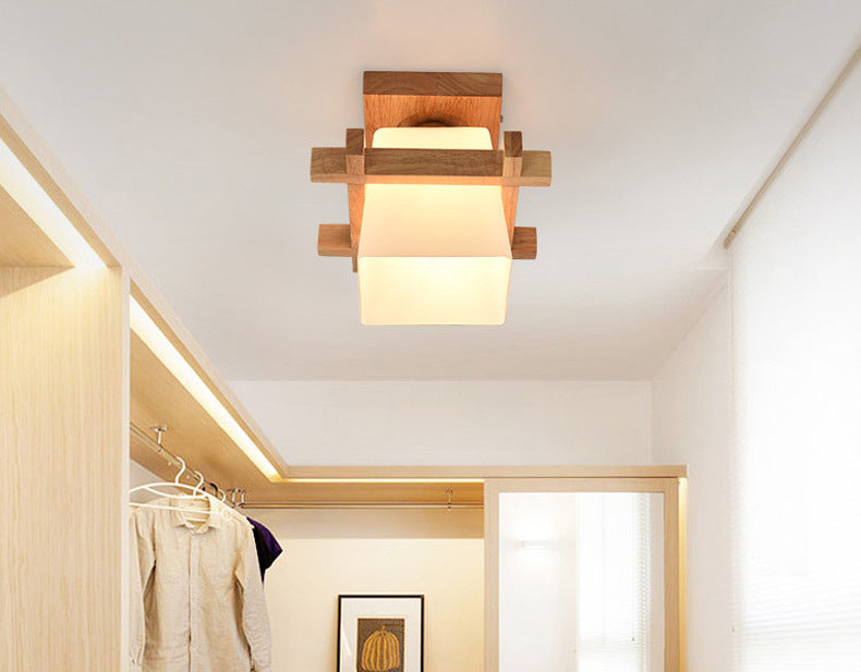 Beige 1 Light Ceiling Lighting Natural Wood Rectangle Semi Flush Mount Lighting for Home Office