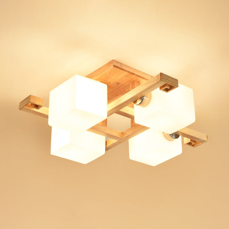 Modern Natural Wood Semi Flush Mount Light Fixture  Rectangle Glass Shade Semi Flush for Living Room