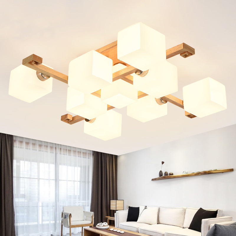 Moder Natural de madera natural Semi Flush Mount Lighture Rectangle Glass Shade Semi Flush para sala de estar