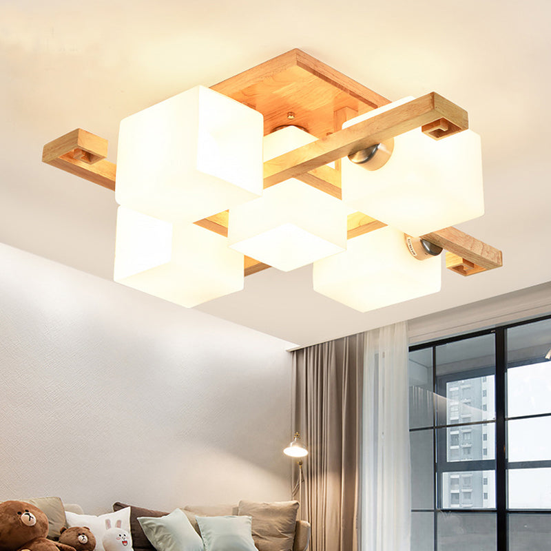 Modern Natural Wood Semi Flush Mount Light Fixture  Rectangle Glass Shade Semi Flush for Living Room