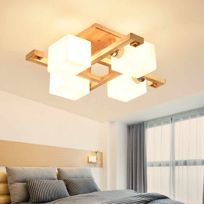 Modern Natural Wood Semi Flush Mount Light Fixture rechthoek Glazen schaduw Semi Flush voor woonkamer