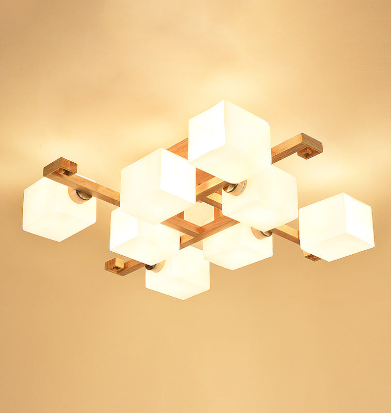 Moder Natural de madera natural Semi Flush Mount Lighture Rectangle Glass Shade Semi Flush para sala de estar