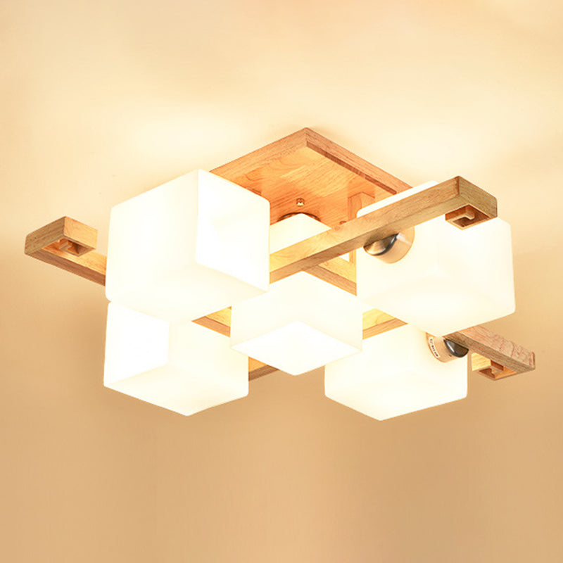 Moder Natural de madera natural Semi Flush Mount Lighture Rectangle Glass Shade Semi Flush para sala de estar