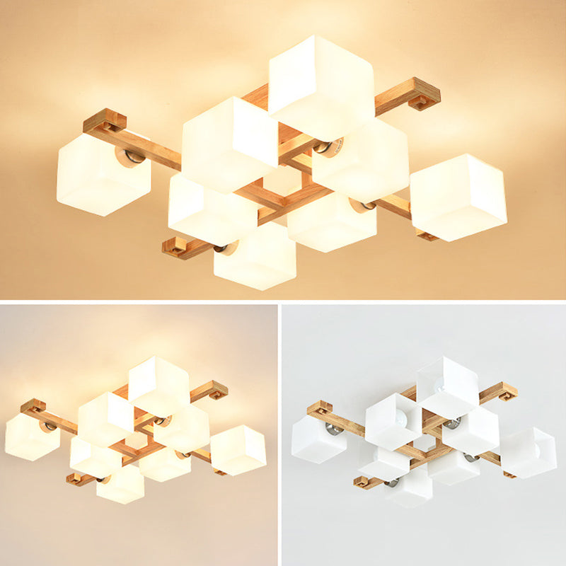 Moder Natural de madera natural Semi Flush Mount Lighture Rectangle Glass Shade Semi Flush para sala de estar