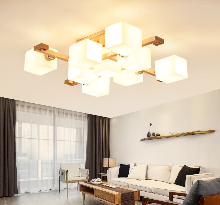 Modern Natural Wood Semi Flush Mount Light Fixture rechthoek Glazen schaduw Semi Flush voor woonkamer