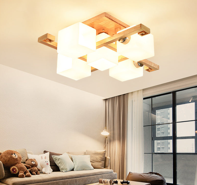 Modern Natural Wood Semi Flush Mount Light Fixture  Rectangle Glass Shade Semi Flush for Living Room