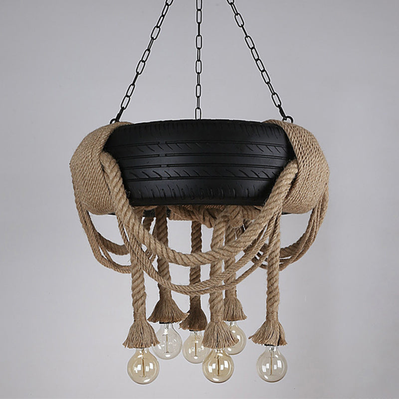 Rope Black Chandelier Light Fixture Tyre Industrial Style Hanging Chandelier Light