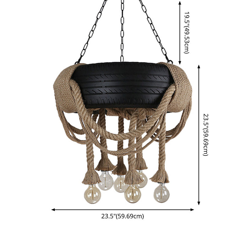 Rope Black Chandelier Light Fixture Tyre Industrial Style Hanging Chandelier Light