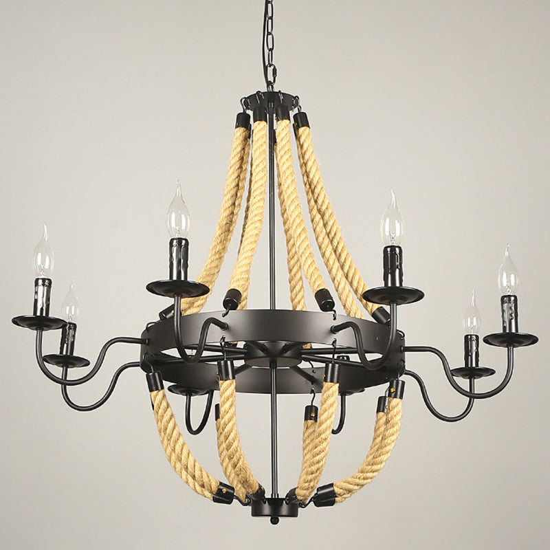 Rope Candelabra Pendant Light Fixture Retro Style Restaurant Chandelier Light in Black