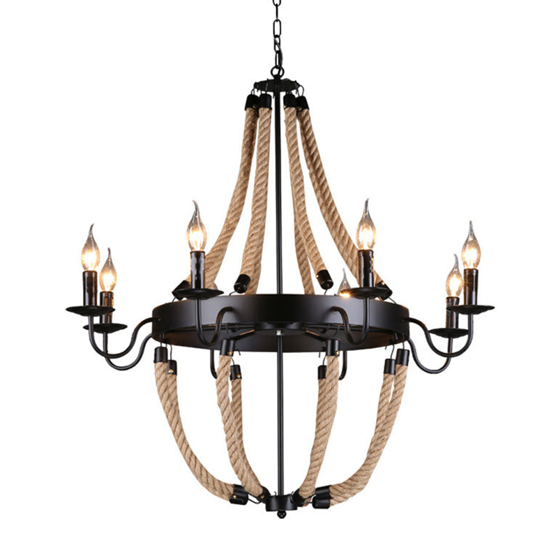 Rope Candelabra Pendant Light Fixture Retro Style Restaurant Chandelier Light in Black