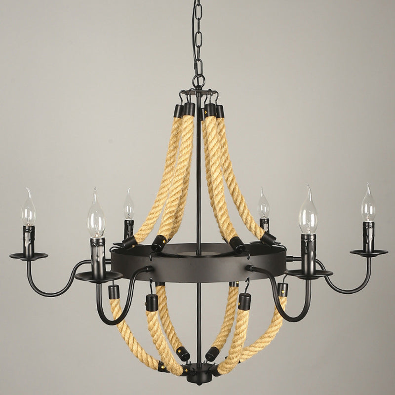 Rope Candelabra Pendant Light Fixture Retro Style Restaurant Chandelier Light in Black