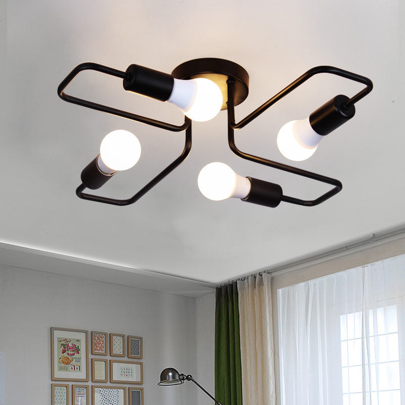 Black Slender Arms Ceiling Lighting Industrial Iron Exposed Bulb Semi Flush Mount Lighting for Living Room