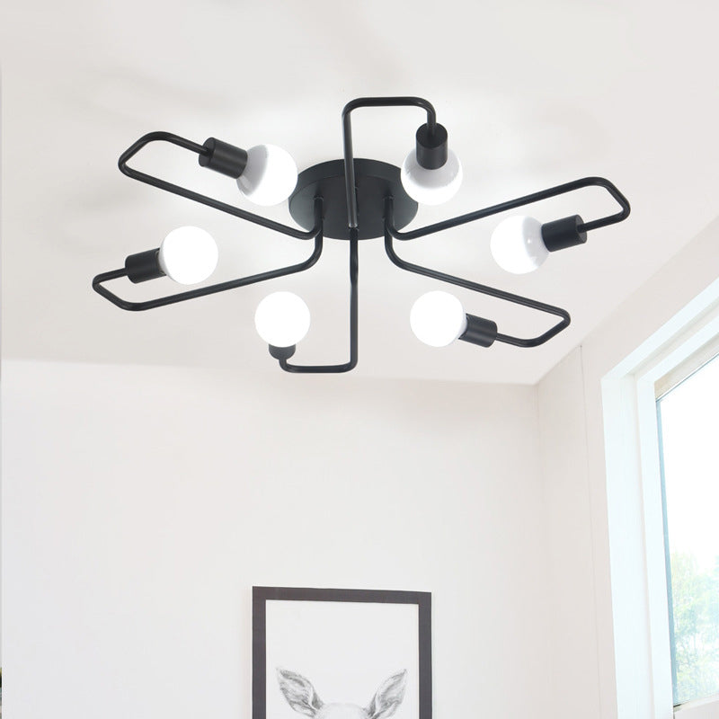 Black Slender Arms Ceiling Lighting Industrial Iron Exposed Bulb Semi Flush Mount Lighting for Living Room