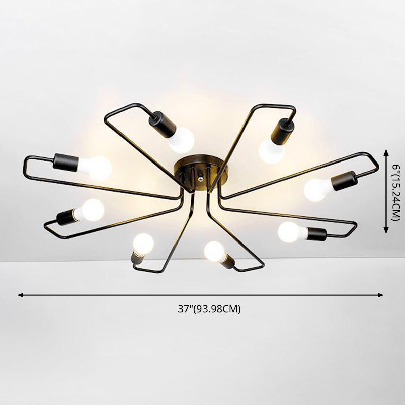 Black Slender Arms Ceiling Lighting Industrial Iron Exposed Bulb Semi Flush Mount Lighting for Living Room