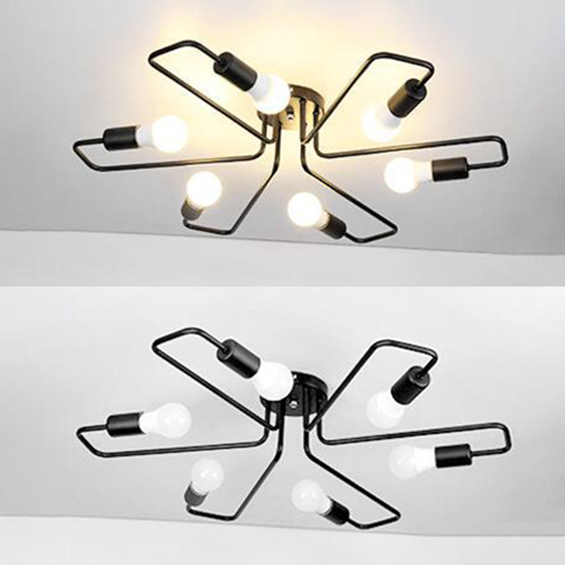 Black Slender Arms Ceiling Lighting Industrial Iron Exposed Bulb Semi Flush Mount Lighting for Living Room