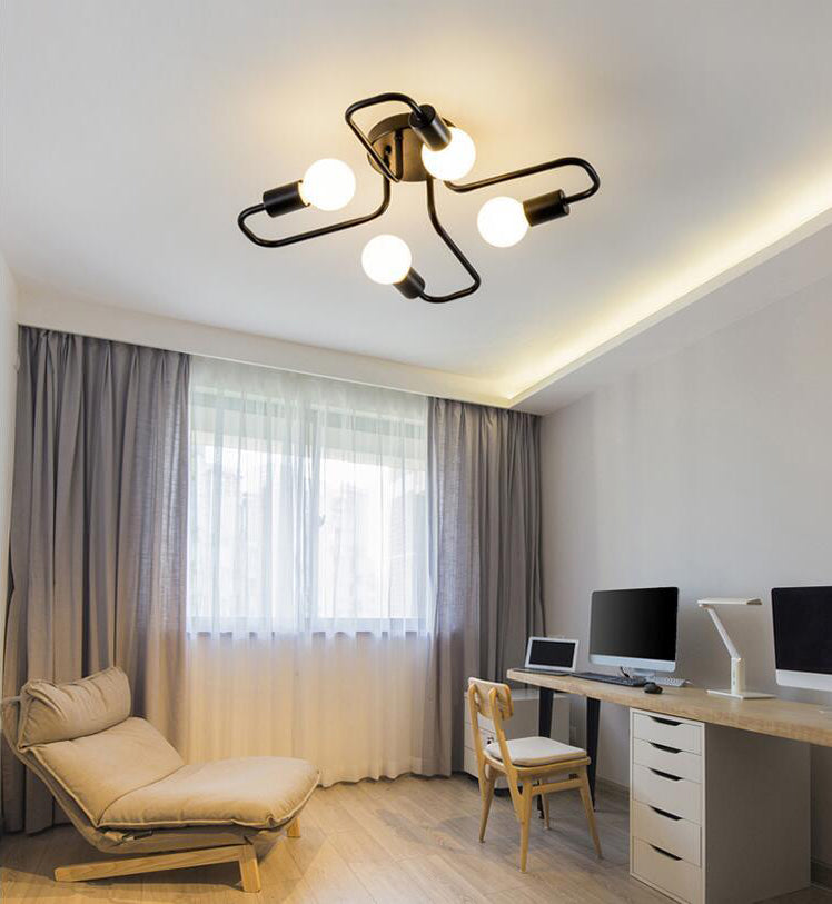 Black Slender Arms Ceiling Lighting Industrial Iron Exposed Bulb Semi Flush Mount Lighting for Living Room