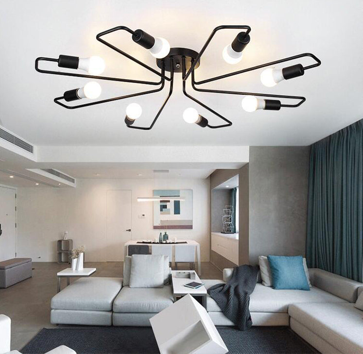 Black Slender Arms Ceiling Lighting Industrial Iron Exposed Bulb Semi Flush Mount Lighting for Living Room