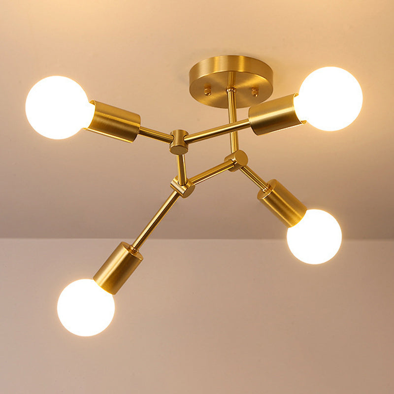 Metal Exposed Bulb Semi Flush Mount Light Loft Bedroom Ceiling Mount Light Fixture in Gold