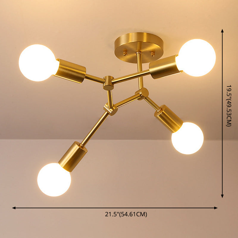 Metal Exposed Bulb Semi Flush Mount Light Loft Bedroom Ceiling Mount Light Fixture in Gold