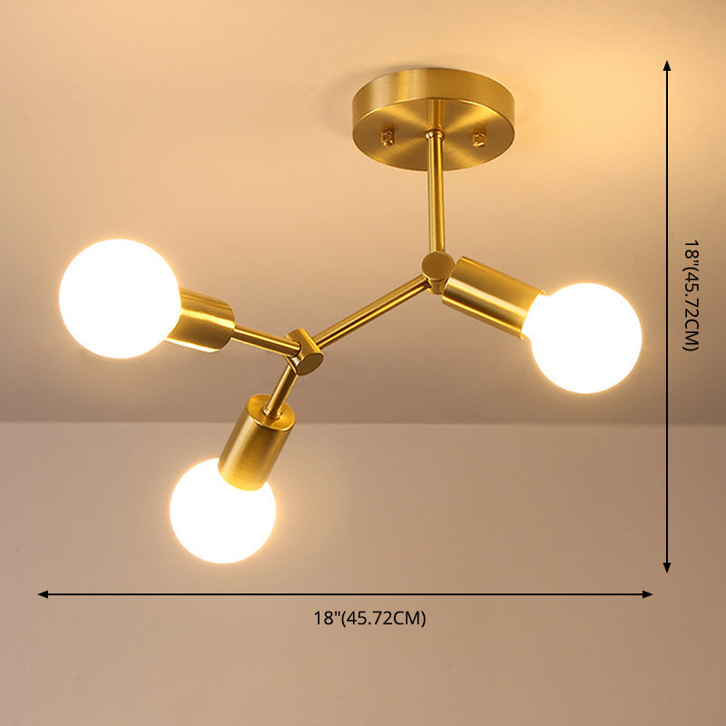 Metal Exposed Bulb Semi Flush Mount Light Loft Bedroom Ceiling Mount Light Fixture in Gold