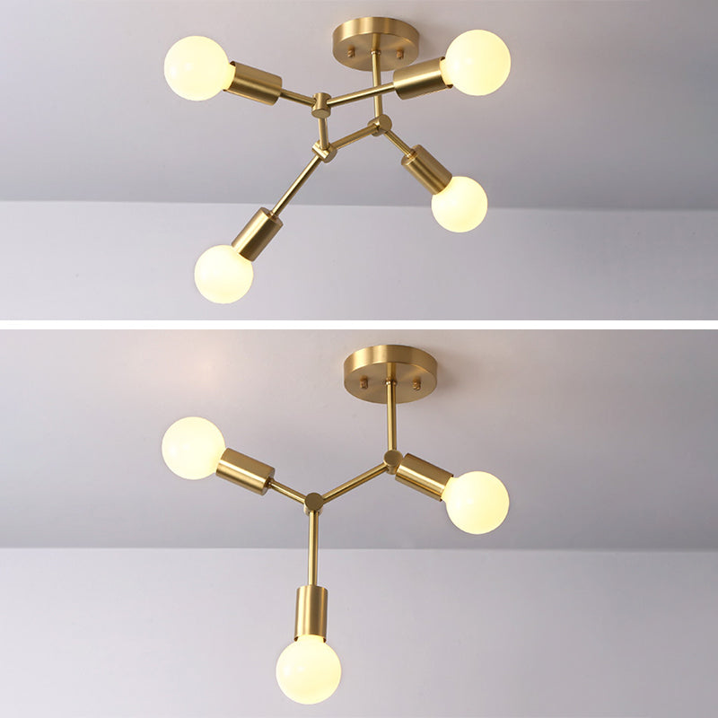 Metal Exposed Bulb Semi Flush Mount Light Loft Bedroom Ceiling Mount Light Fixture in Gold