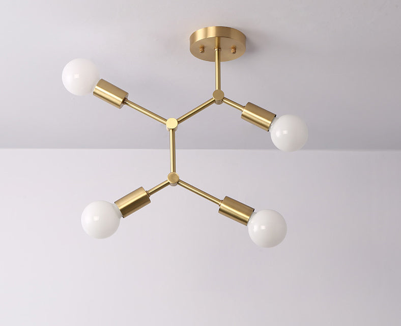 Metal Exposed Bulb Semi Flush Mount Light Loft Bedroom Ceiling Mount Light Fixture in Gold