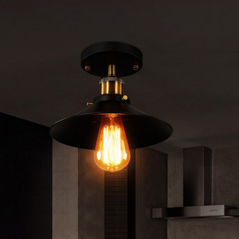 Semi Flush Pendant Light Vintage Style Hall Semi-Flush Mount Light with Cone Metal Shade in Black