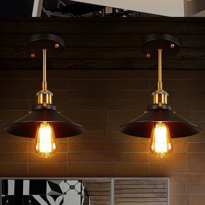 Luz de colgante semi descarga Hall de estilo vintage Semi-Flush Light con tono de metal de cono en negro