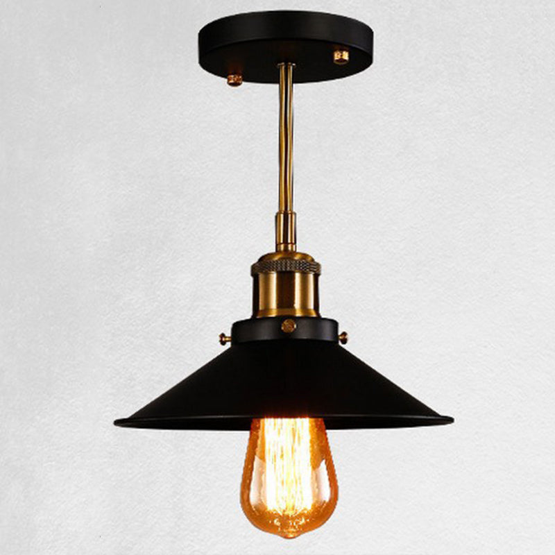 Semi Flush Anhänger leichter Vintage Style Hall Halbflush Mount Light mit Kegelmetallschatten in Schwarz