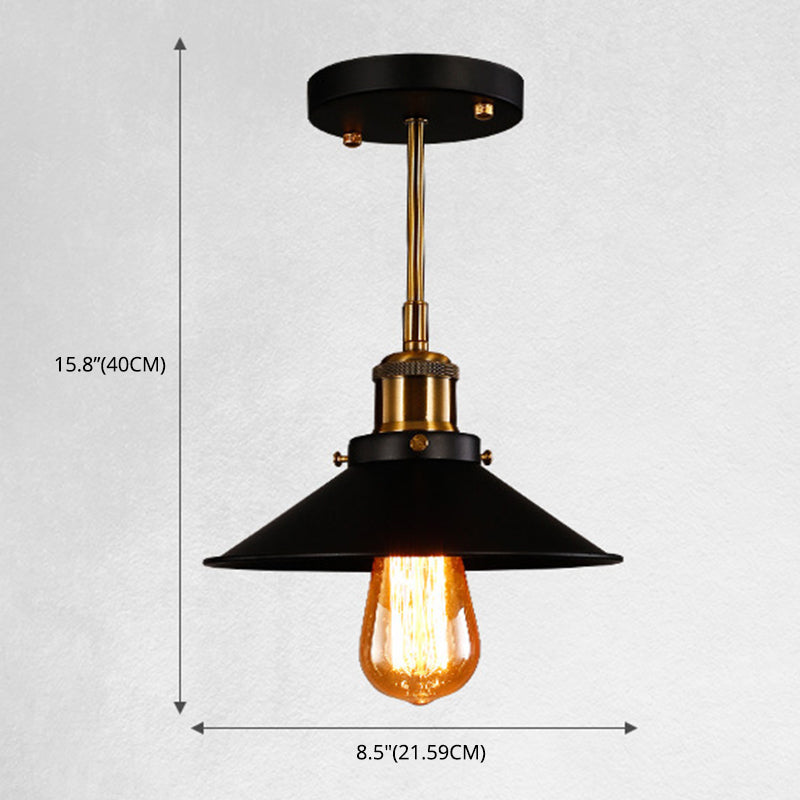 Luz de colgante semi descarga Hall de estilo vintage Semi-Flush Light con tono de metal de cono en negro