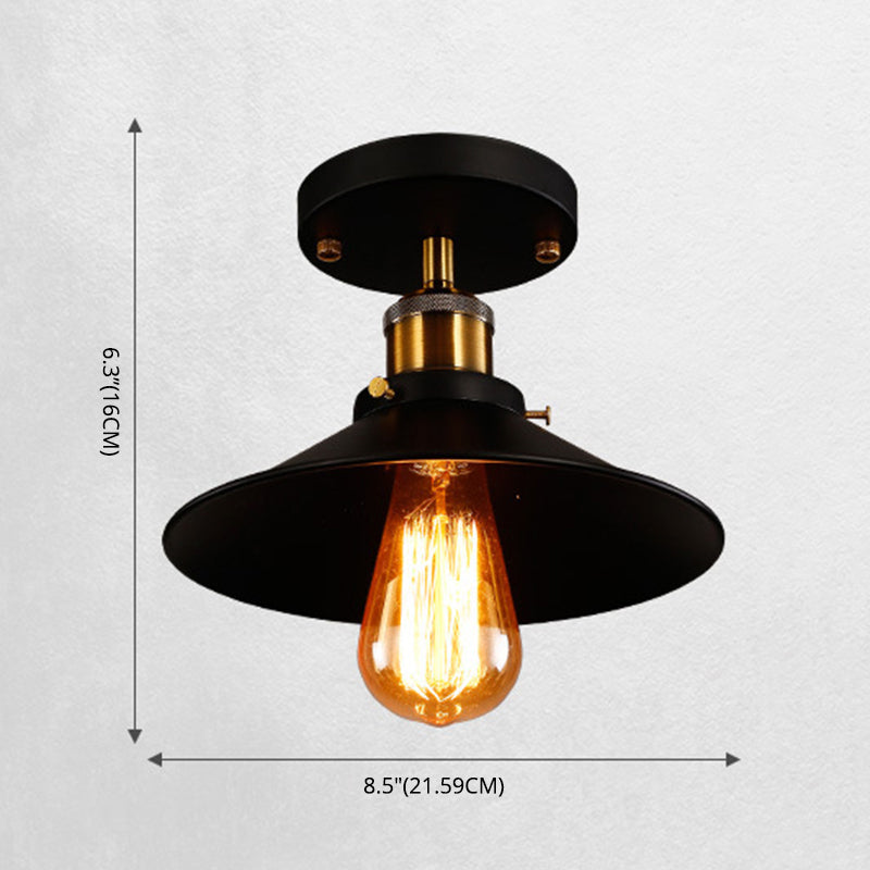 Semi Flush Pendant Light Vintage Style Hall Semi-Flush Mount Light with Cone Metal Shade in Black