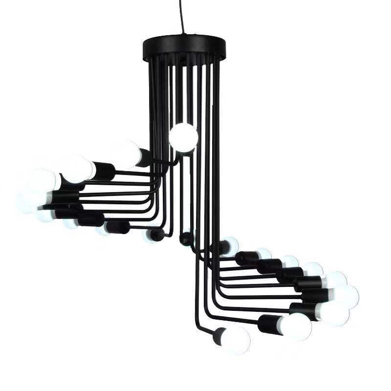 Spiral Industrial Style Wrought Iron Chandelier Light Open Bulb Design Retro Hanging Lamp in Black