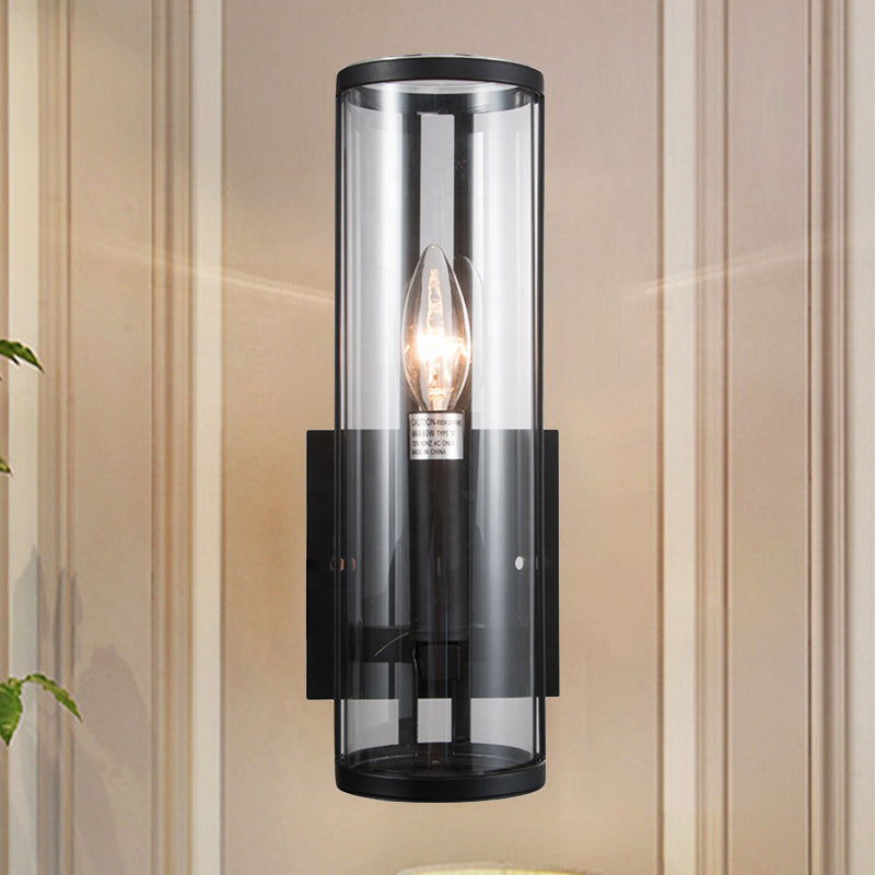 1 Bulb Black Wall Sconce Modern Style Clear Cylindrical Glass Wall Mounted Lamp
