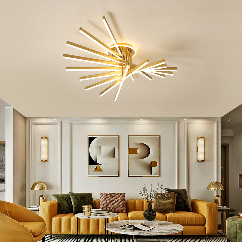 Slender Bar Semi Flush Mount Ceiling Fixture Modern Metal Living Room LED Semi Mount Lighting in Gold