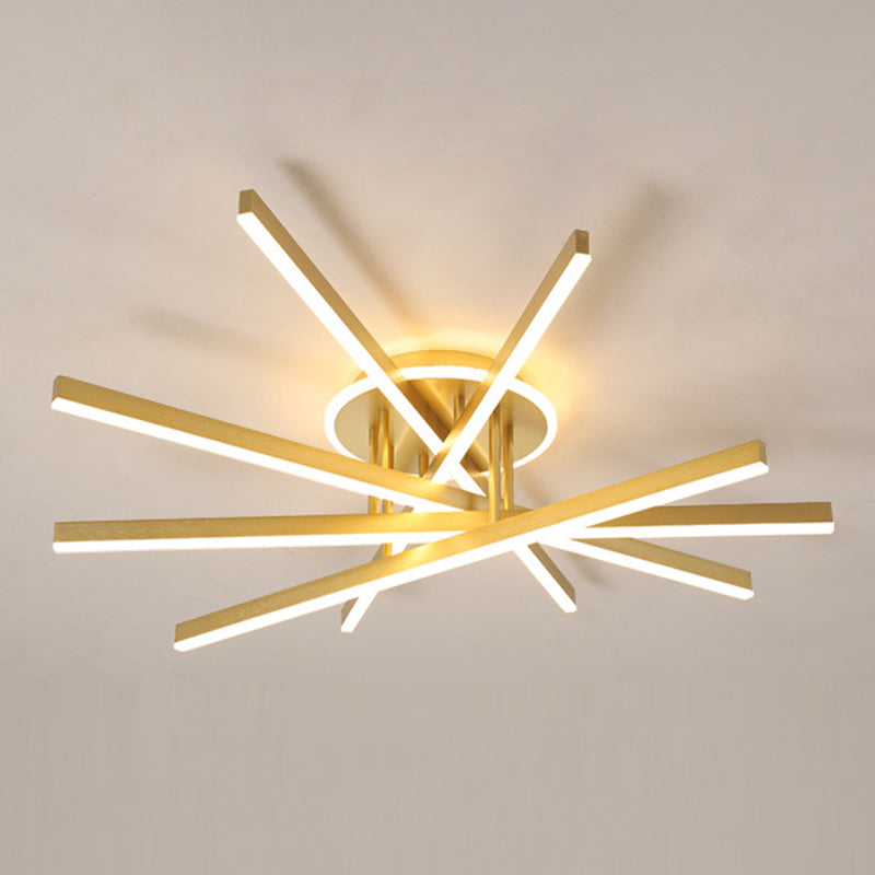 Slender Bar Semi Flush Mount Ceiling Fixture Modern Metal Living Room LED Semi Mount Lighting in Gold