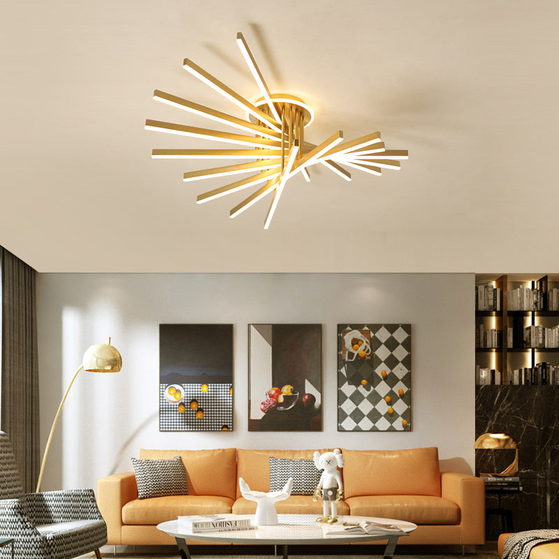 Slender Bar Semi Flush Mount Ceiling Fixture Modern Metal Living Room LED Semi Mount Lighting in Gold