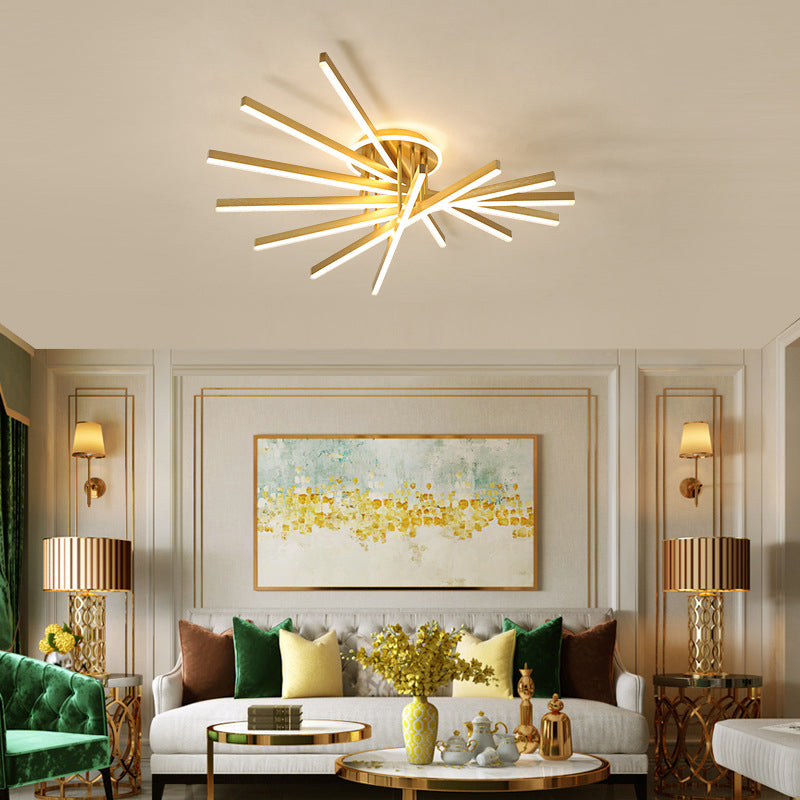 Slender Bar Semi Flush Mount Ceiling Fixture Modern Metal Living Room LED Semi Mount Lighting in Gold