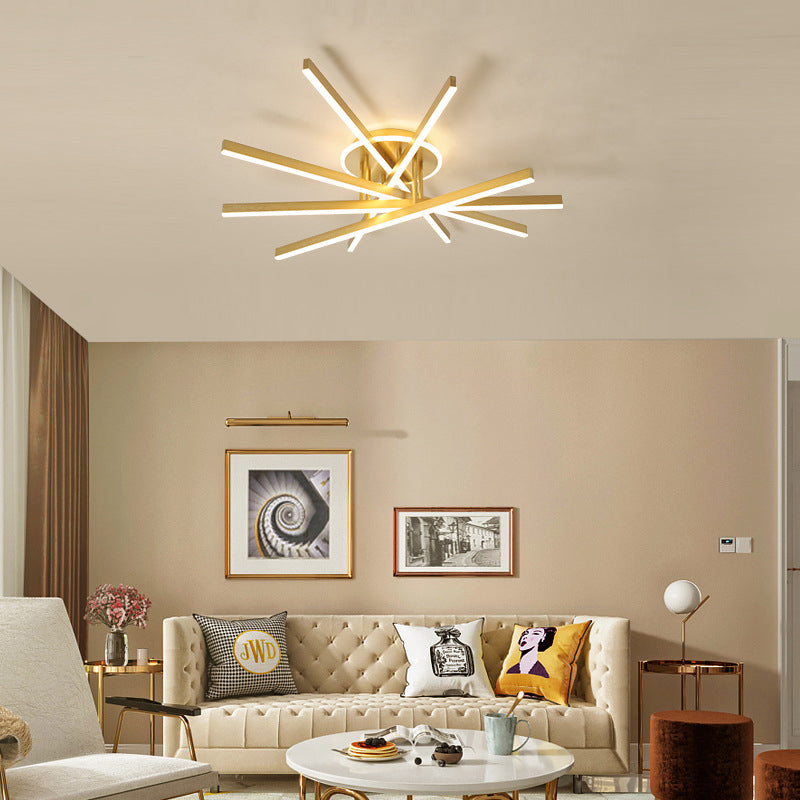 Slender Bar Semi Flush Mount Ceiling Fixture Modern Metal Living Room LED Semi Mount Lighting in Gold