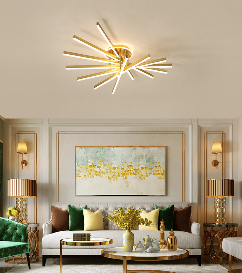 Slender Bar Semi Flush Mount Ceiling Fixture Modern Metal Living Room LED Semi Mount Lighting in Gold