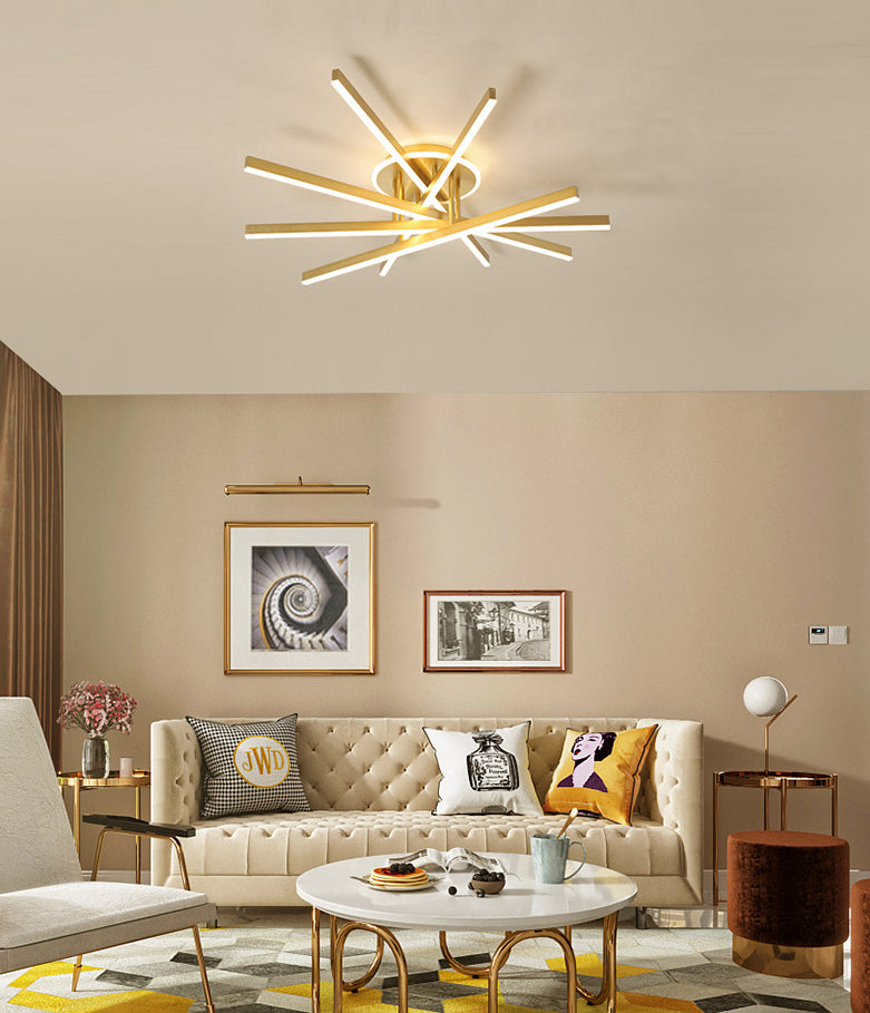 Slender Bar Semi Flush Mount Ceiling Fixture Modern Metal Living Room LED Semi Mount Lighting in Gold