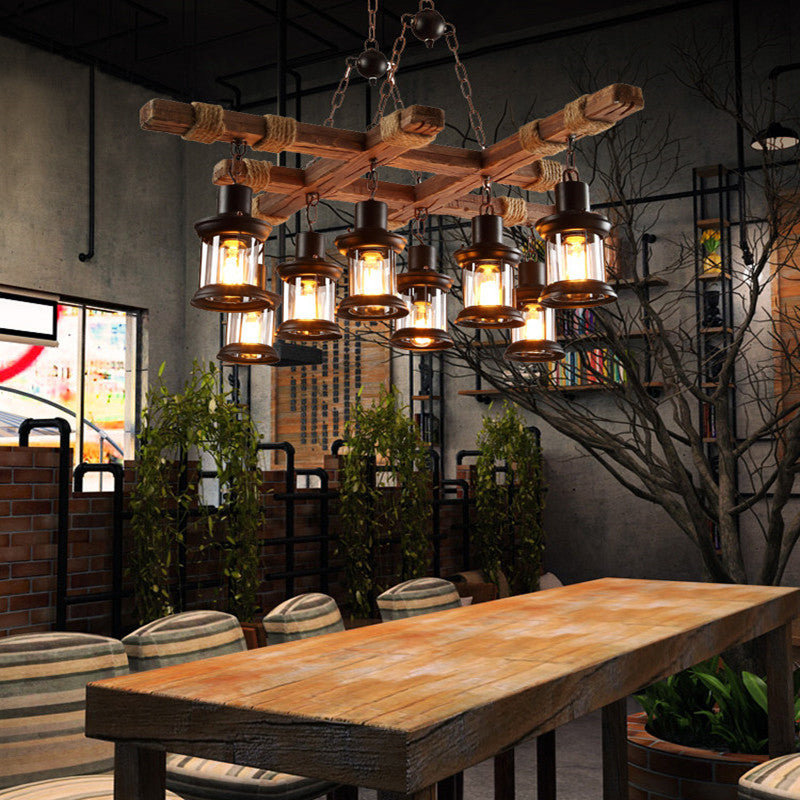 8 Light Chandelier Pendant Light Lodge Wood and Iron Rope Pendant Hanging Lights in Black for Restaurant