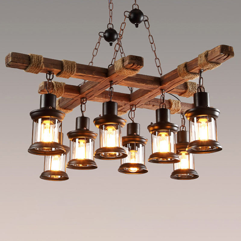 8 Light Chandelier Pendant Light Lodge Wood and Iron Rope Pendant Hanging Lights in Black for Restaurant