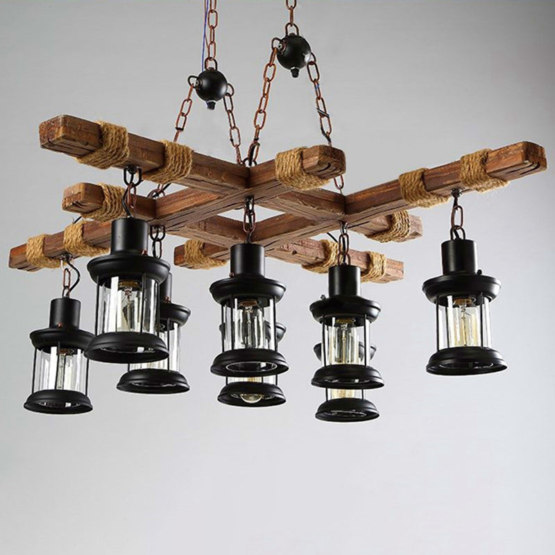 8 Light Chandelier Pendant Light Lodge Wood and Iron Rope Pendant Hanging Lights in Black for Restaurant