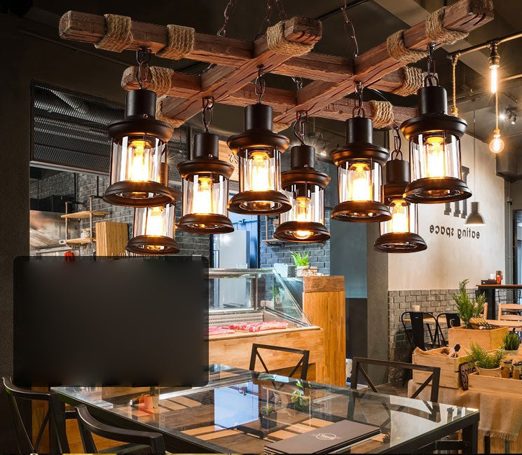 8 Light Chandelier Pendant Light Lodge Wood and Iron Rope Pendant Hanging Lights in Black for Restaurant