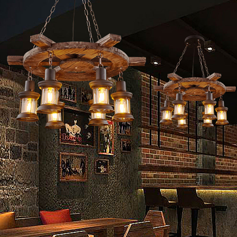 Black Wooden Boat Chandelier Retro Industrial Circular 6 Light Suspension Light for Dining Room Table